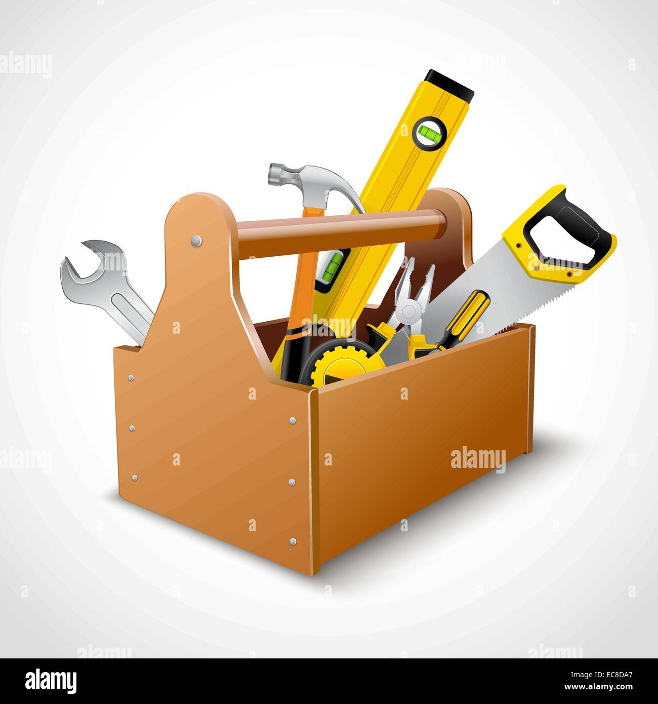 Decorative realistic wooden toolbox concept emblem poster with saw