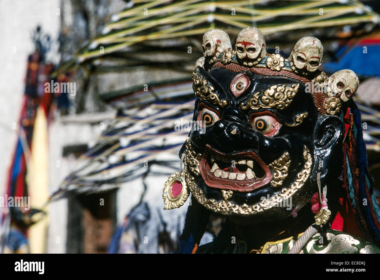 The wrathful deity Cham mask worn by the dancing Tibetan Buddhist monks of Stok monastery in Ladakh India Stock Photo