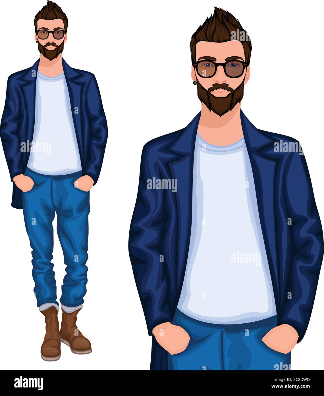 Young handsome casually dressed hipster geek guy with modern haircut in jeans vector illustration Stock Vector