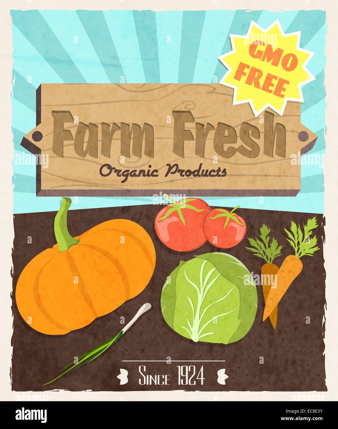 Vegetable food farm fresh retro poster gmo free organic products vector ...