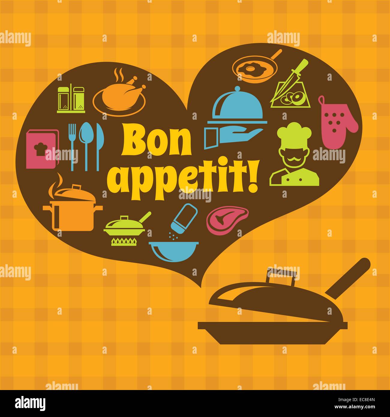 Cooking food kitchen bon appetit poster with pan and restaurant icons ...
