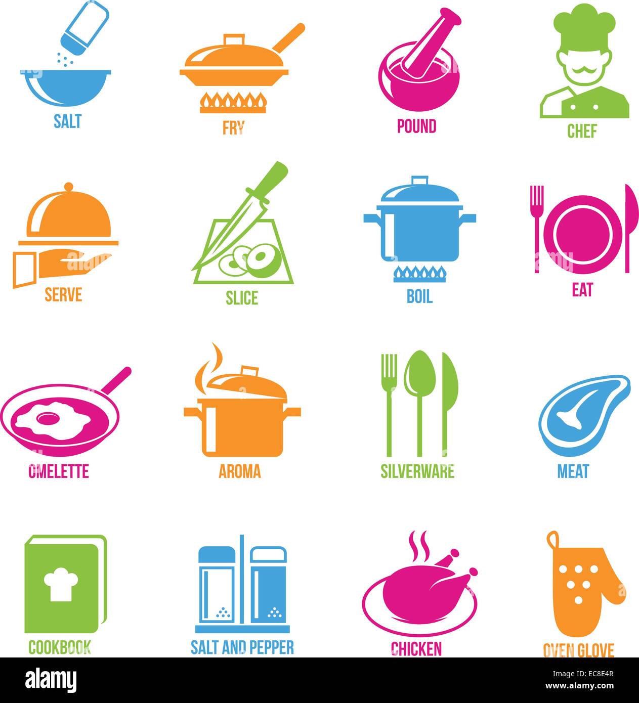 Cooking kitchen and restaurant icons set with salt fry chef serve slice ...