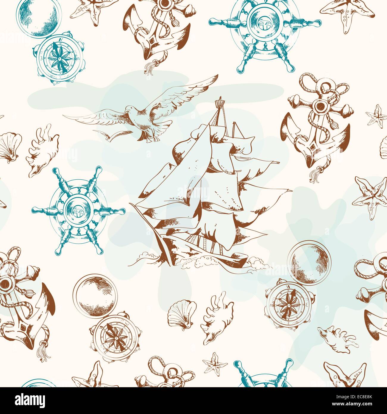 Sea vintage seamless pattern with sailing ship anchor seagulls vector ...