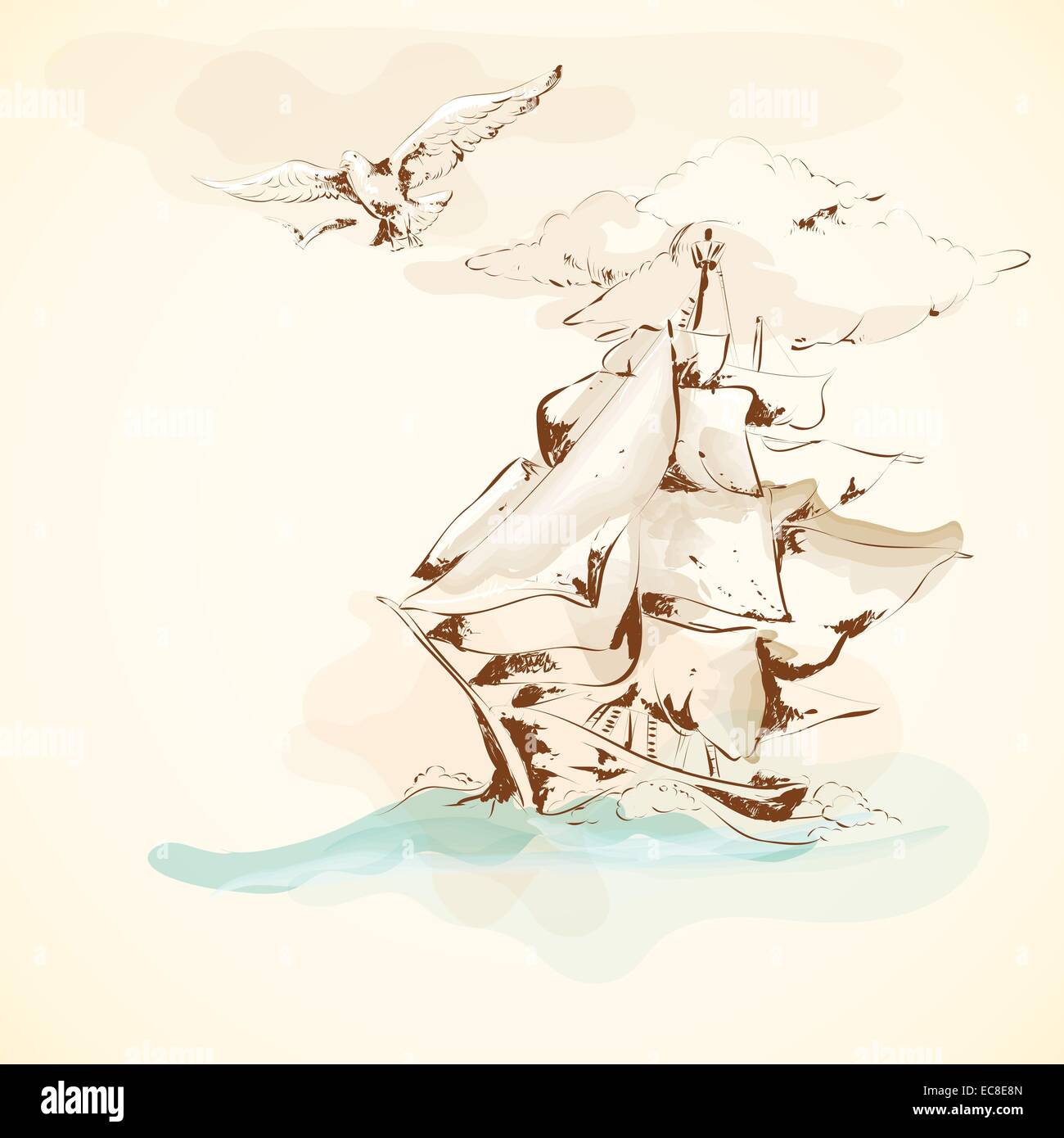 Sea adventure nautical design ancient sailboat pergament poster with seagull handdrawn vector illustration Stock Vector