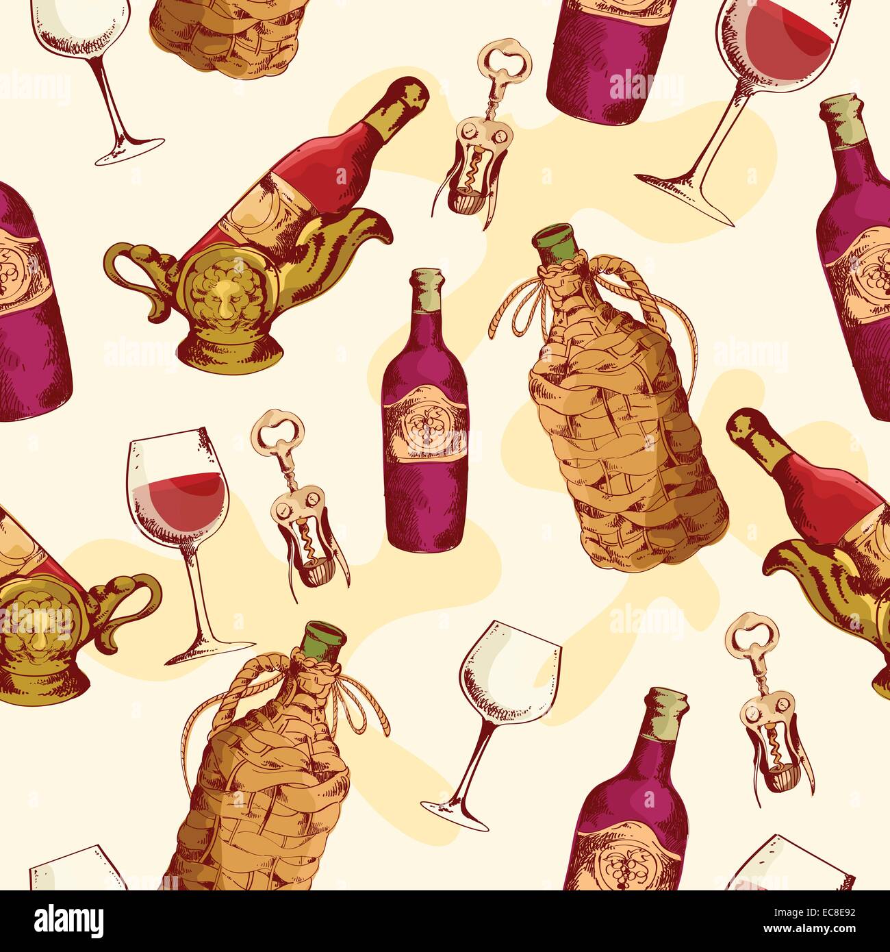 Wine vintage seamless pattern with glass bottle corkscrew vector ...