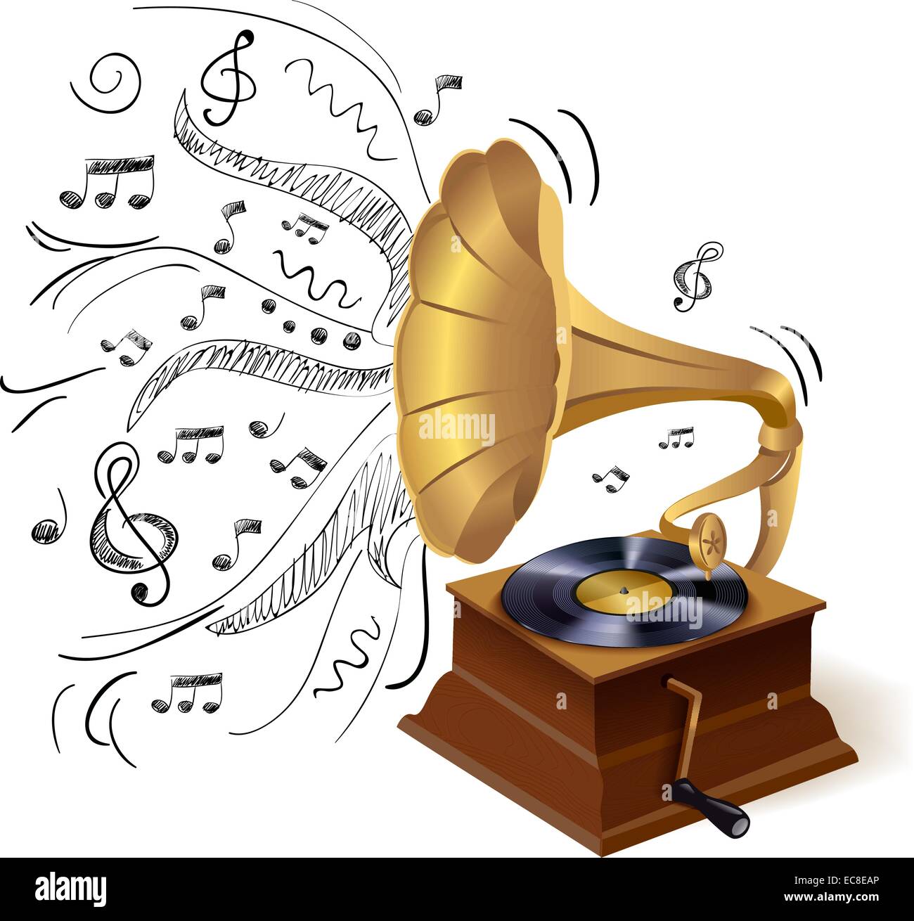 Vintage retro style vinyl gramophone print template with doodle ...