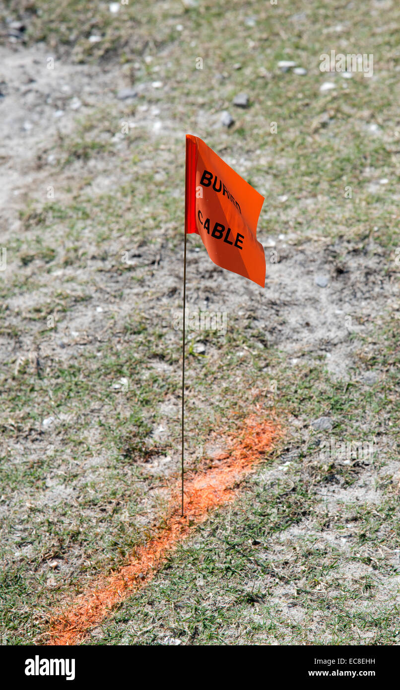 Buried cable marker flag marked with orange spray paint Stock Photo