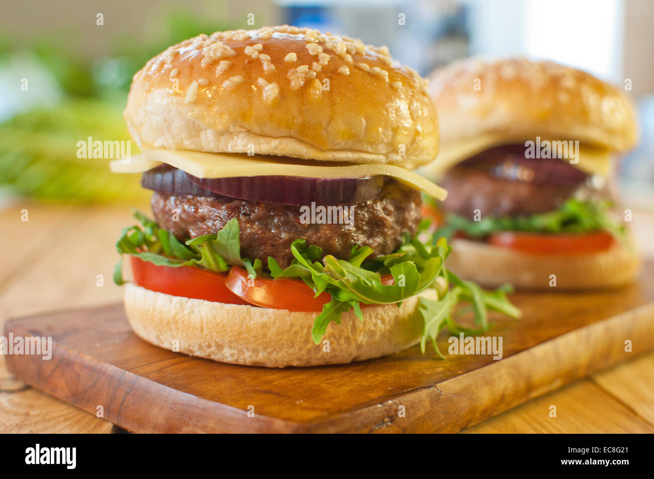 Homemade burgers with cheese, tomato and lettuce filling Stock Photo