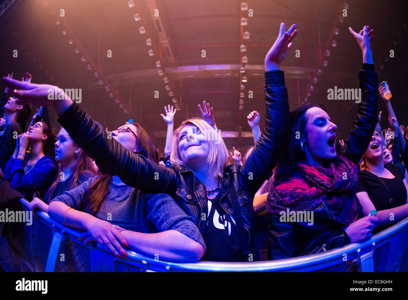 Music fans enjoying live concert / festival with hands in the air Stock Photo