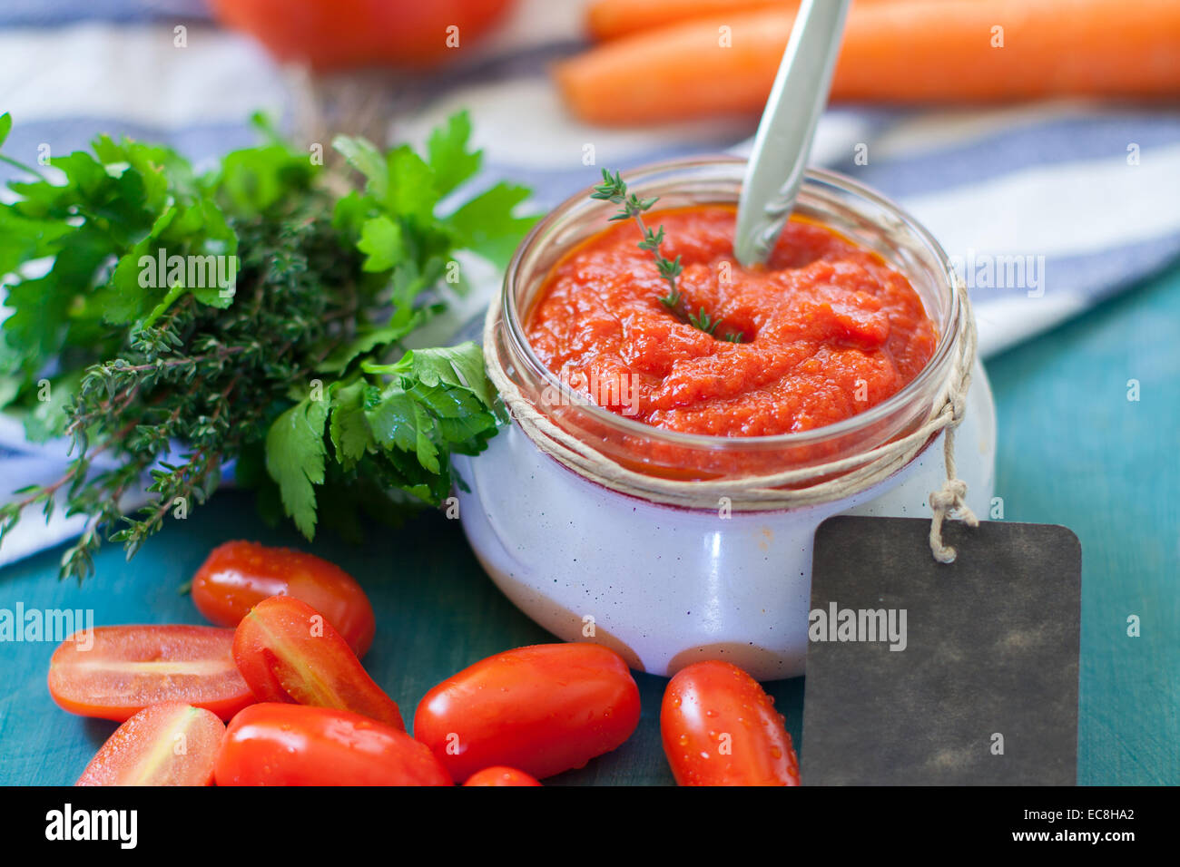tomato sauce on glass bottle with label Stock Photo - Alamy