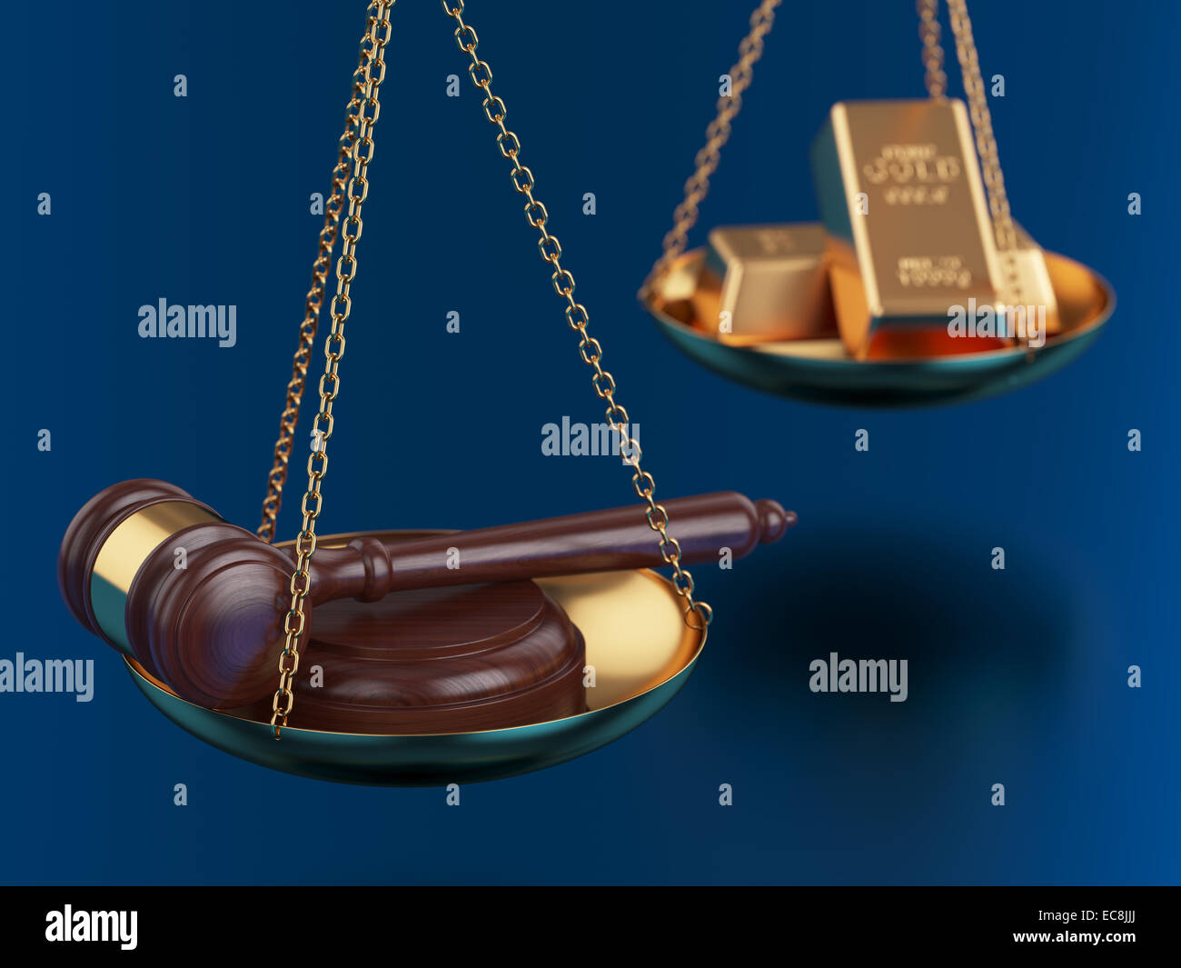 3d render of gold bars with wooden gavel on the scales Stock Photo