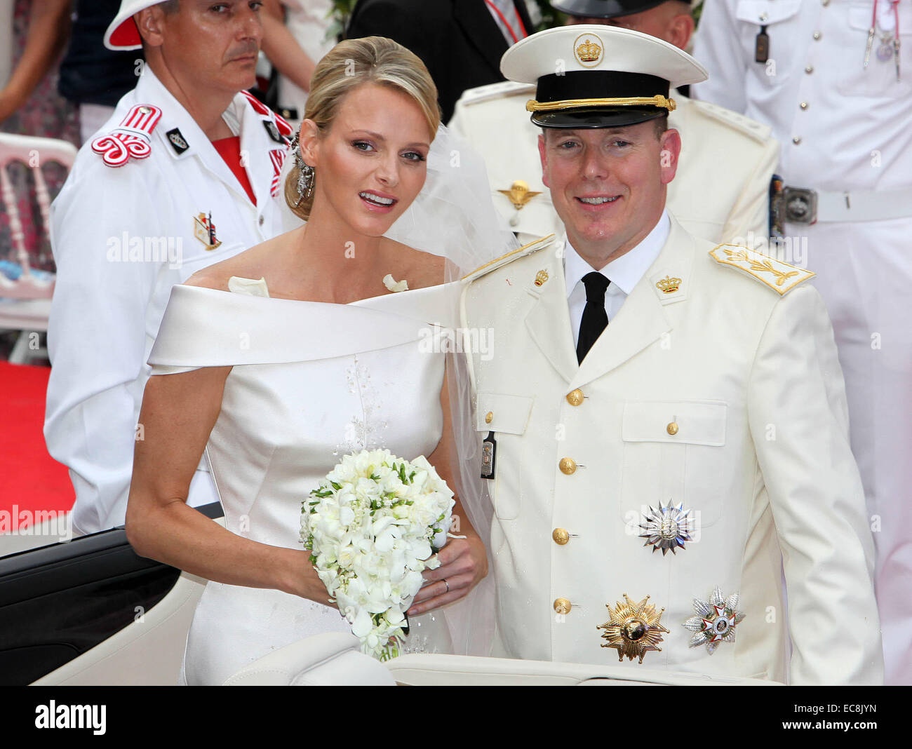 Prince Albert II and Princess Charlene leave after the religious wedding in the Prince's Palace in Monaco, 02 July 2011. The ceremony took place in the Main Courtyard of the Prince's Palace. Photo: Albert Nieboer Stock Photo