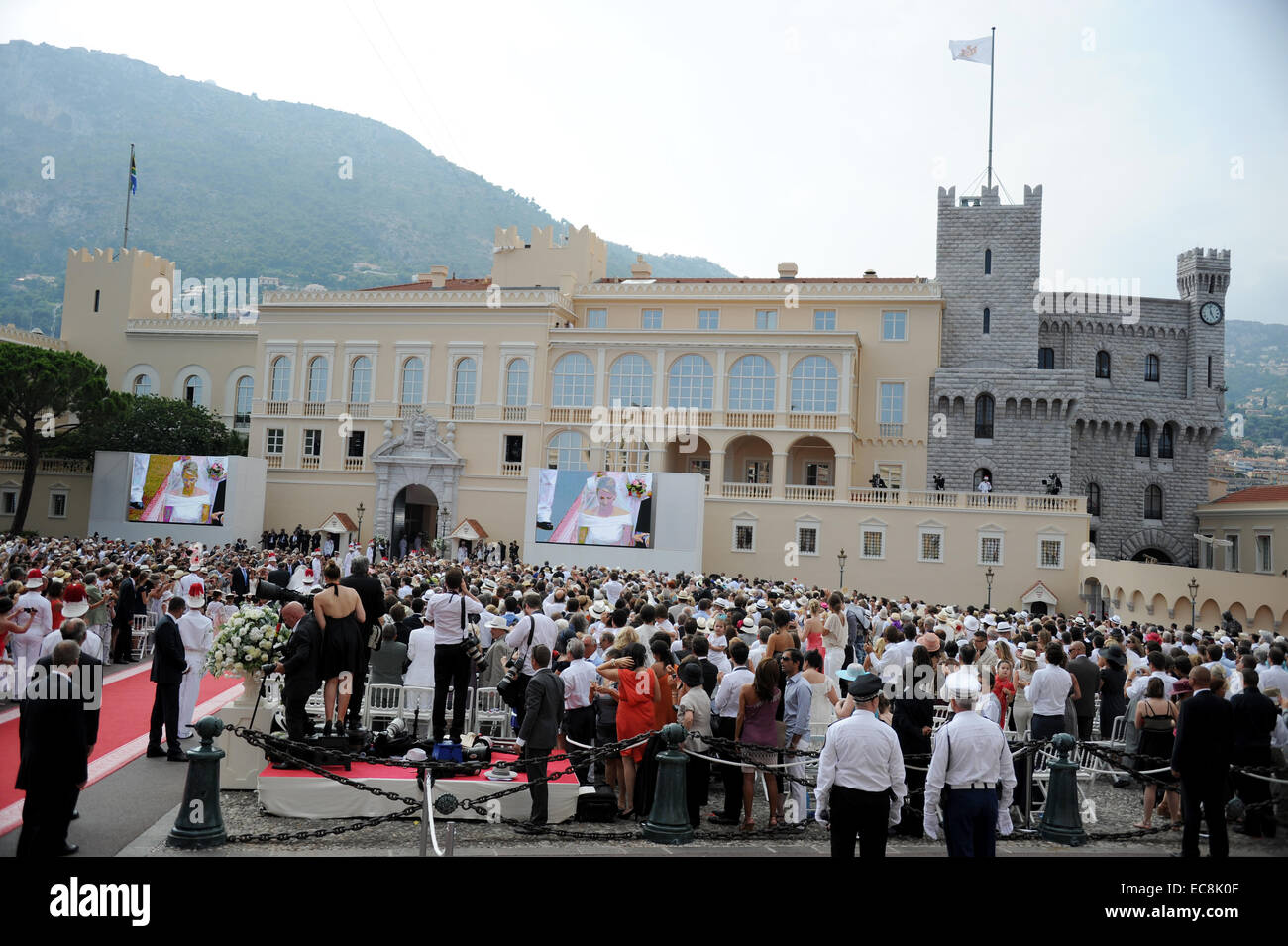Atmosphere prior to the beginning of the religious wedding of Prince Albert II and Princess Charlene in the Prince's Palace in Monaco, 02 July 2011. Some 3500 guests are expected to follow the ceremony in the Main Courtyard of the Palace. Photo: Frank May dpa Stock Photo