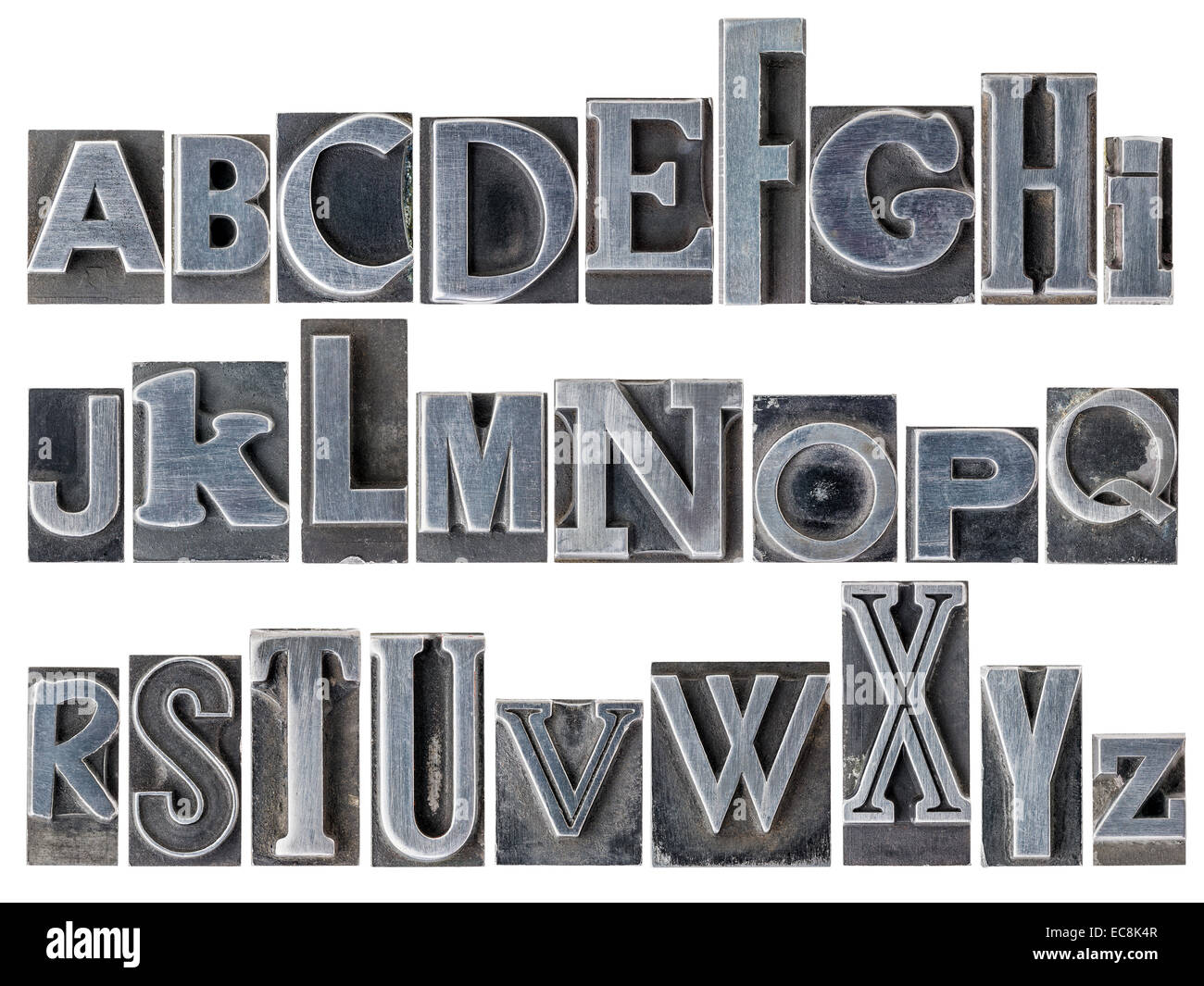 English alphabet a collage of 26 isolated letters in letterpress metal type printing blocks, a