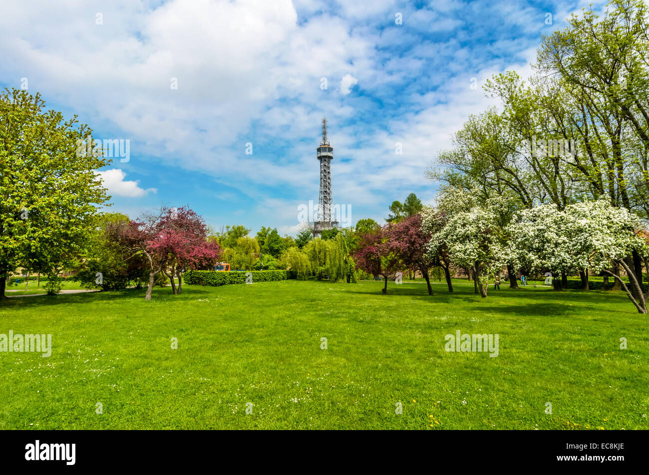 Lookout Tower (1891), Petrin Hill Park, Prague, Czech Republic resembling Eiffel tower. Stock Photo