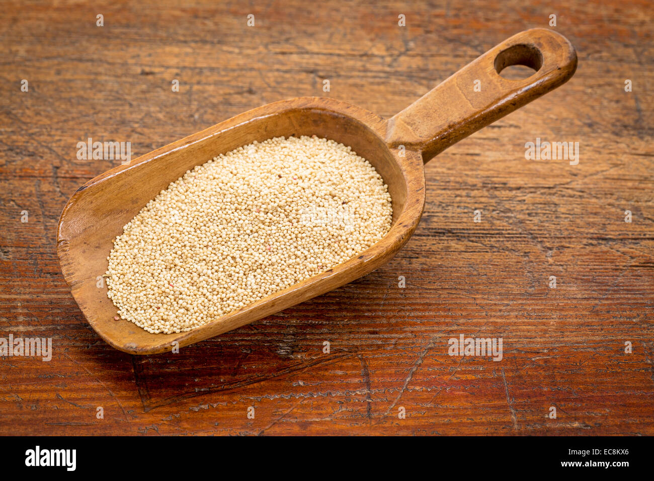 gluten free amaranth grain on a rustic wooden scoop against grunge wood