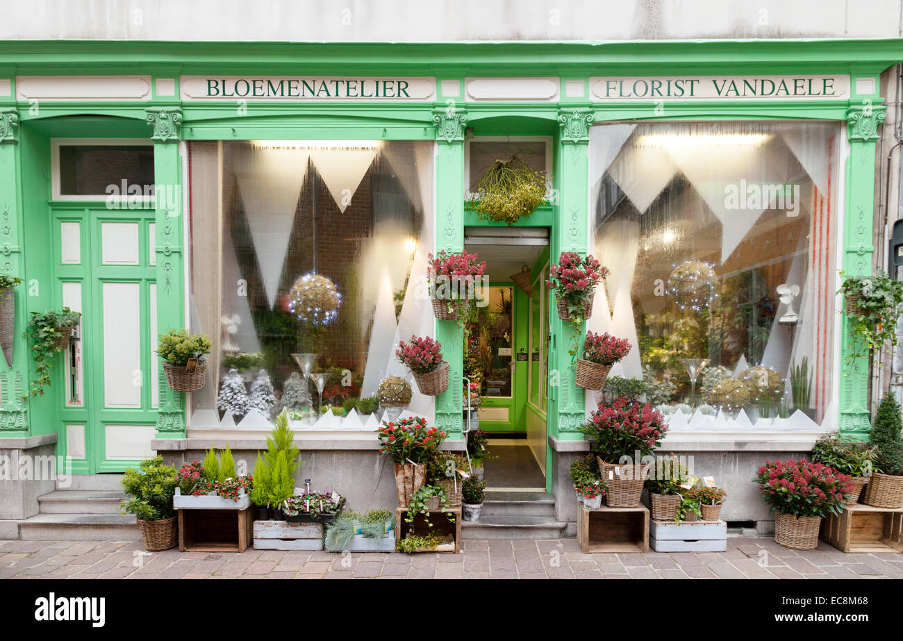 Flower shop or florist exterior, Bruges, Belgium, Europe Stock Photo