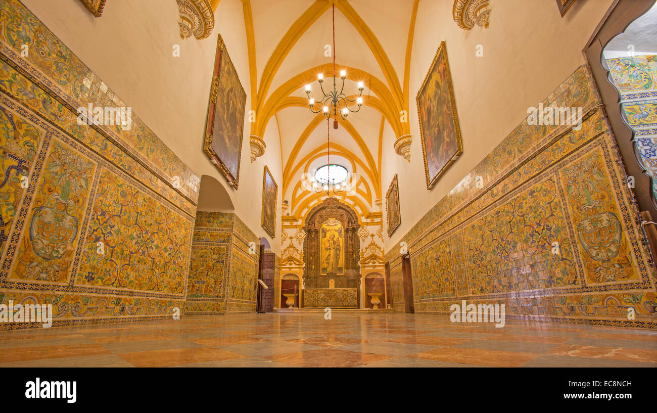 SEVILLE, SPAIN - OCTOBER 28, 2014: The corridor of Gothic palace in Alcazar of Seville. Stock Photo