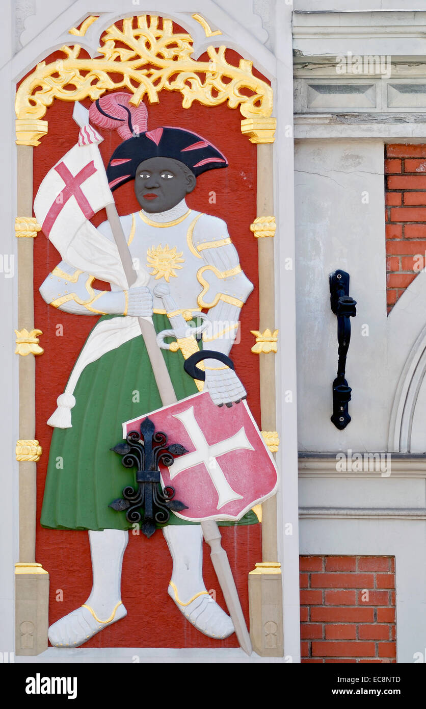 Detail Image of the black knight at the Dannenstern House in Riga, Latvia. Stock Photo