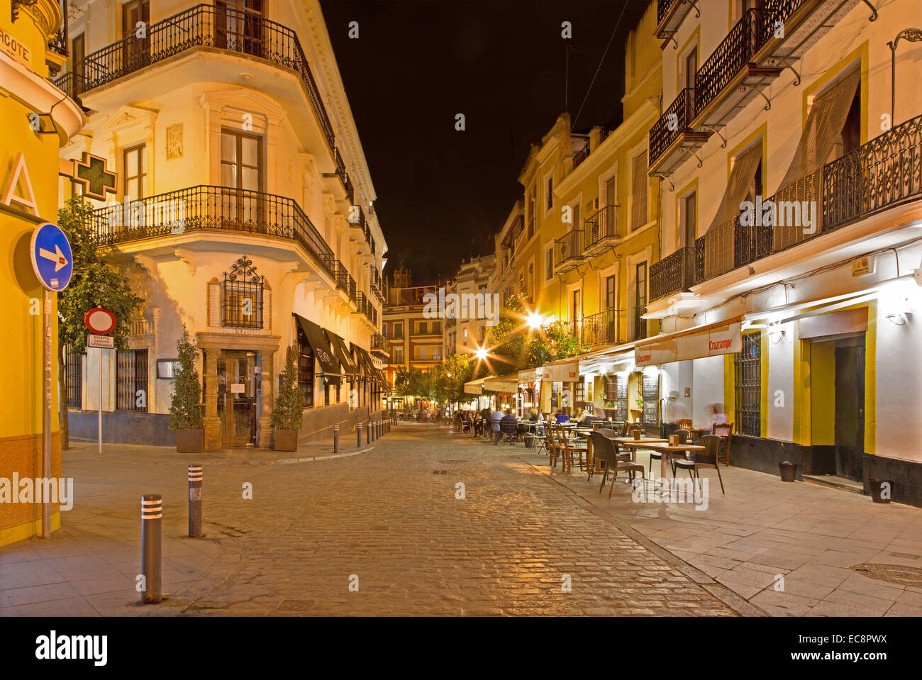 SEVILLE, SPAIN - OCTOBER 29, 2014: The typically street at night. Stock Photo