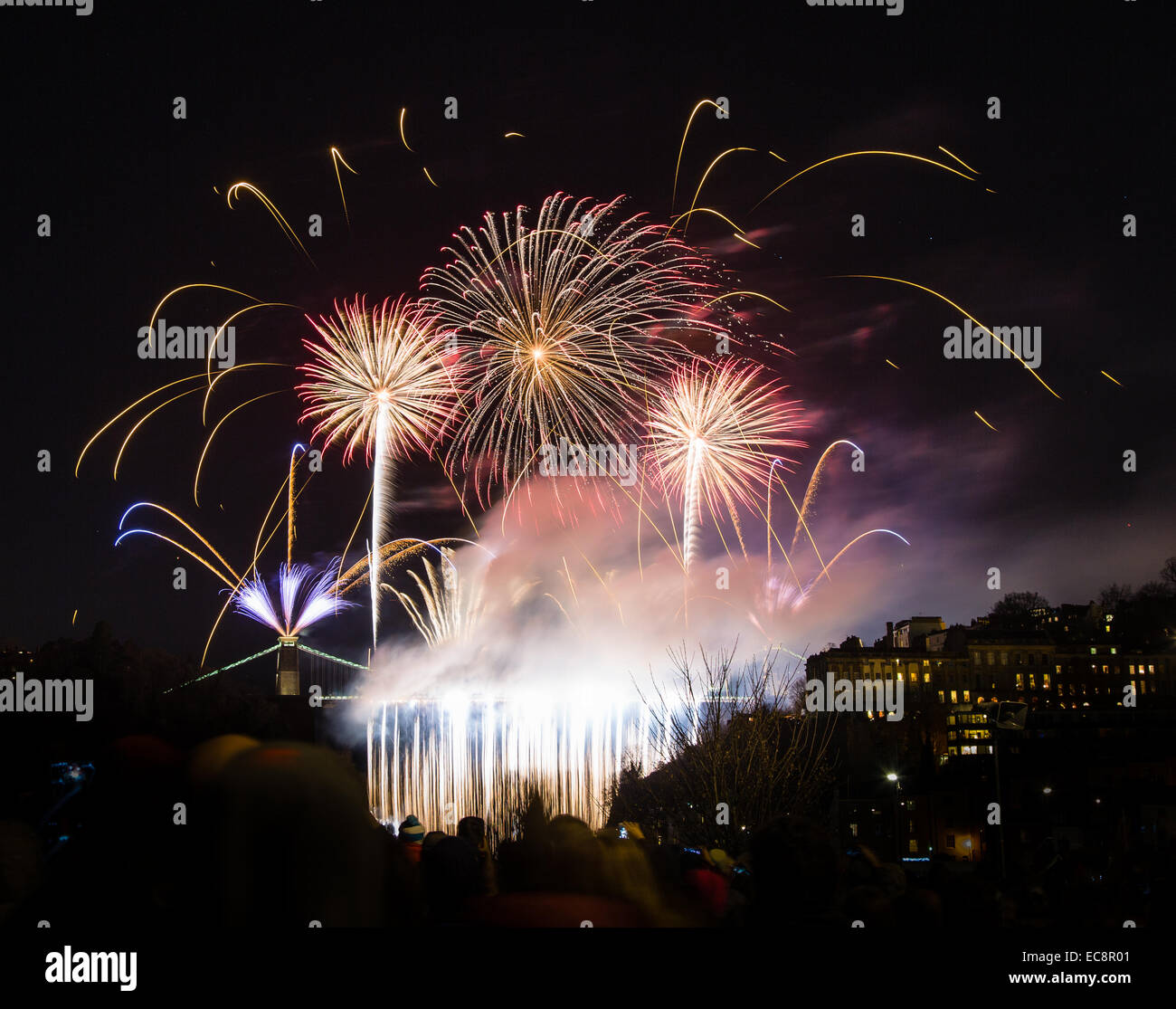Firework display marking the 150 th anniversary of the opening of Brunel's Clifton Suspension Bridge in Bristol UK Stock Photo