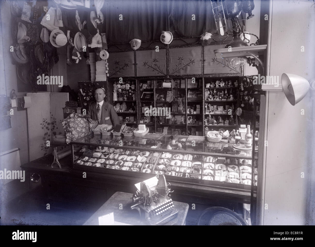 Circa 1915 antique photograph, the interior of "World Famous" Daddy & Jack Jokes, Tricks