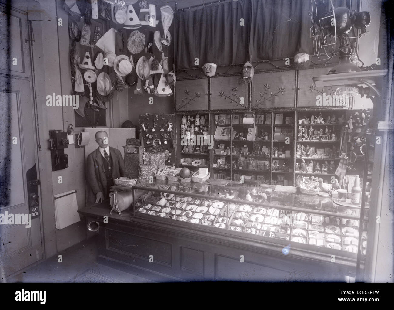 Circa 1915 antique photograph; the interior of 'World Famous' Daddy & Jack Jokes; Tricks; Puzzles & Novelties Retail Shop. In this photograph, the store was located at 249 Washington Street in Boston, Massachusetts. Stock Photo