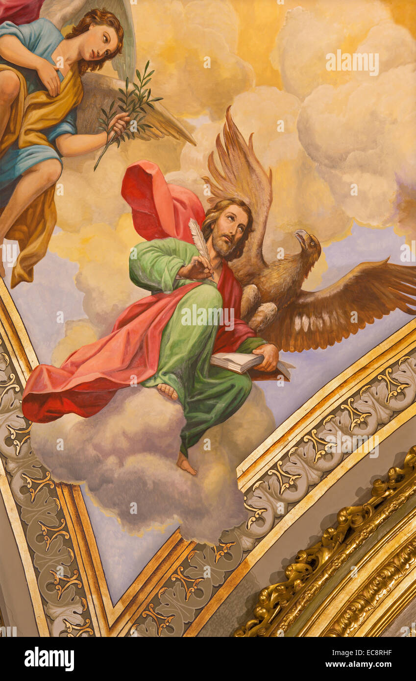 SEVILLE, SPAIN - OCTOBER 29, 2014: The fresco of st. John the Evangelist in church Basilica de la Macarena Stock Photo