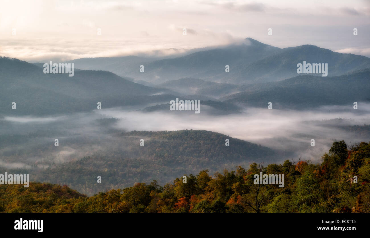 Clouds burning off in the Blue Ridge Mountains in the early morning, Blue Ridge Parkway, North Carolina Stock Photo