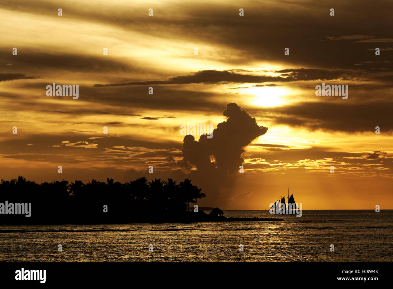 Golden Sunset at Key West, Florida, USA - silhouetted sailboat against golden sky with cloud formation Stock Photo
