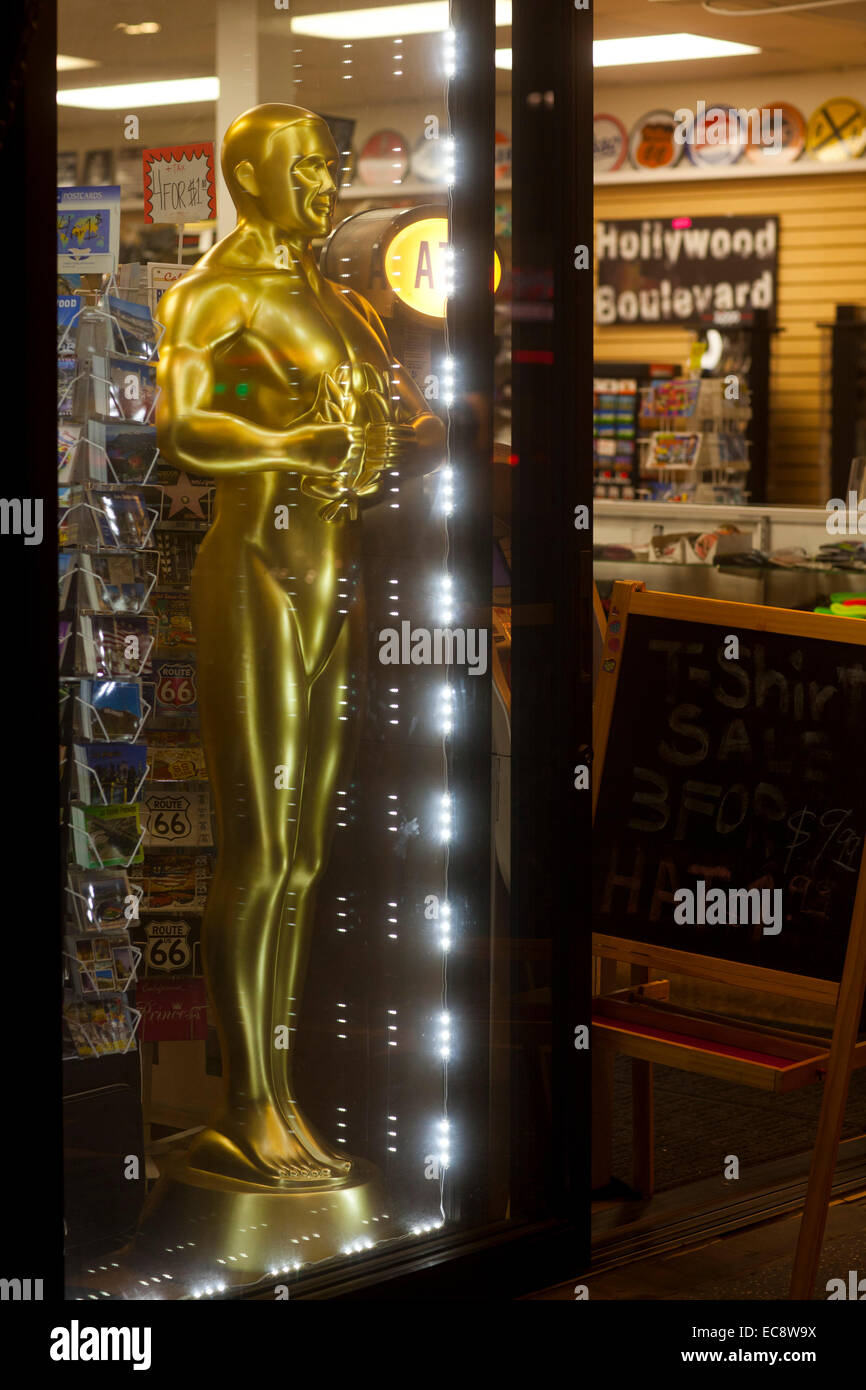A facsimile of an Oscar (Academy Award) statue in a gift shop window, Hollywood Boulevard, Hollywood, Los Angeles County, Califo Stock Photo