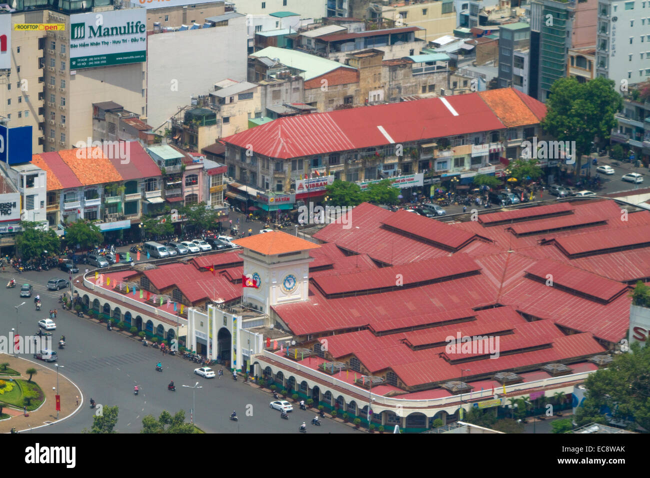 Aerial view of the Ben Thanh Market in Ho Chi Minh City from the Bitexco Financial Tower
