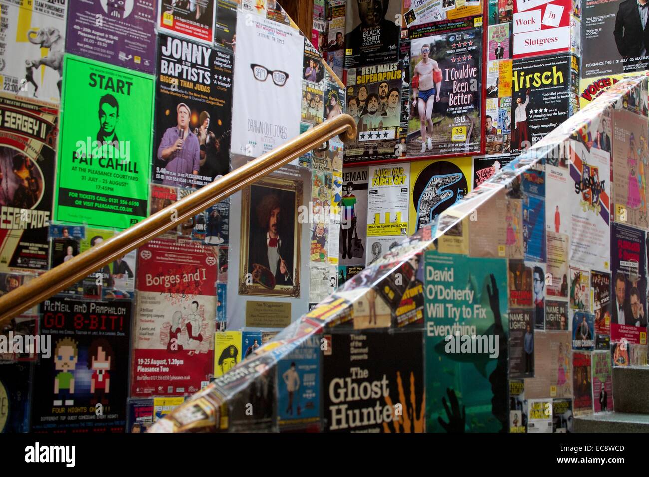 Promotional comedy posters cover the stairwell in the Pleasance in Edinburgh,Scotland Stock Photo