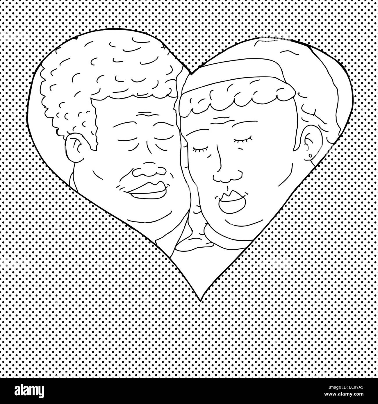 Hand drawn cartoon of happy couple in heart shape Stock Photo