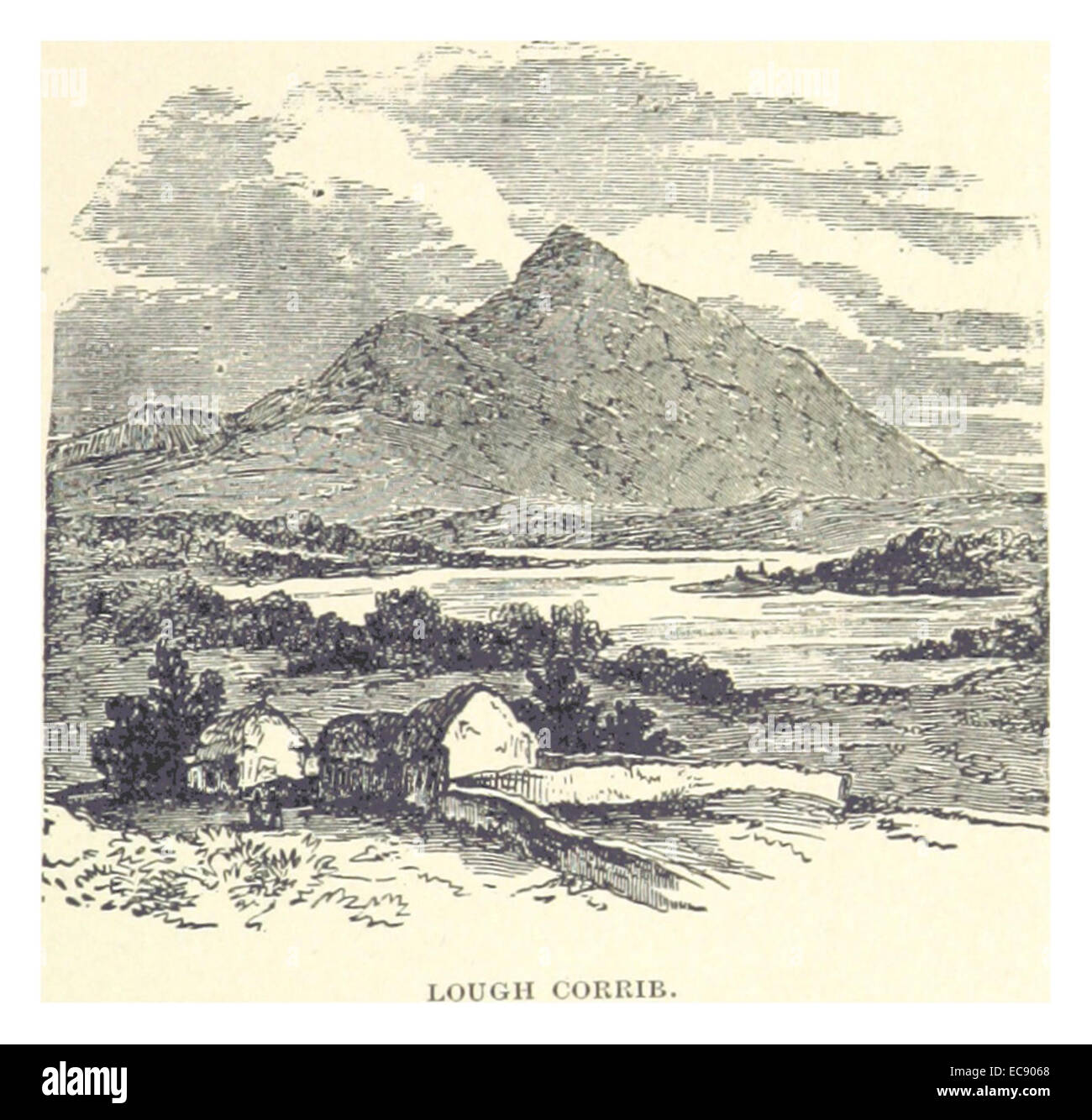 An 1891 illustration depicting Lough Corrib, a large lake in the west of Ireland. The image captures the lake's scenic beauty and its geographical importance. Stock Photo