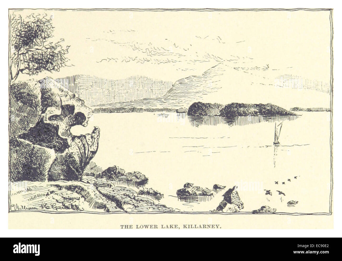 This illustration from French’s 1891 work depicts the Lower Lake of Killarney, a scenic area in Ireland known for its natural beauty and as a key part of Killarney National Park. Stock Photo