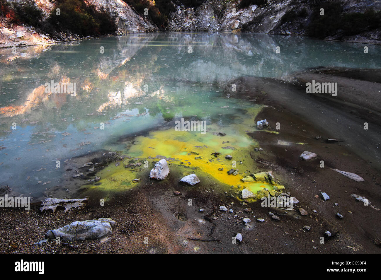Sulfur Deposits Leaking Into the Pool, Wai-O-Tapu Geothermal Wonderland, New Zealand Stock Photo