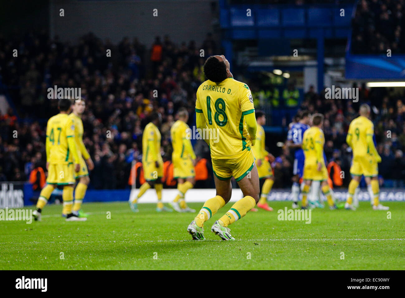 London, UK. 10th Dec, 2014. Champions League Group Stage. Chelsea versus Sporting Lisbon. Sporting Lisbon's Andre Carrillo reacts to his side conceding their third goal Credit:  Action Plus Sports/Alamy Live News Stock Photo
