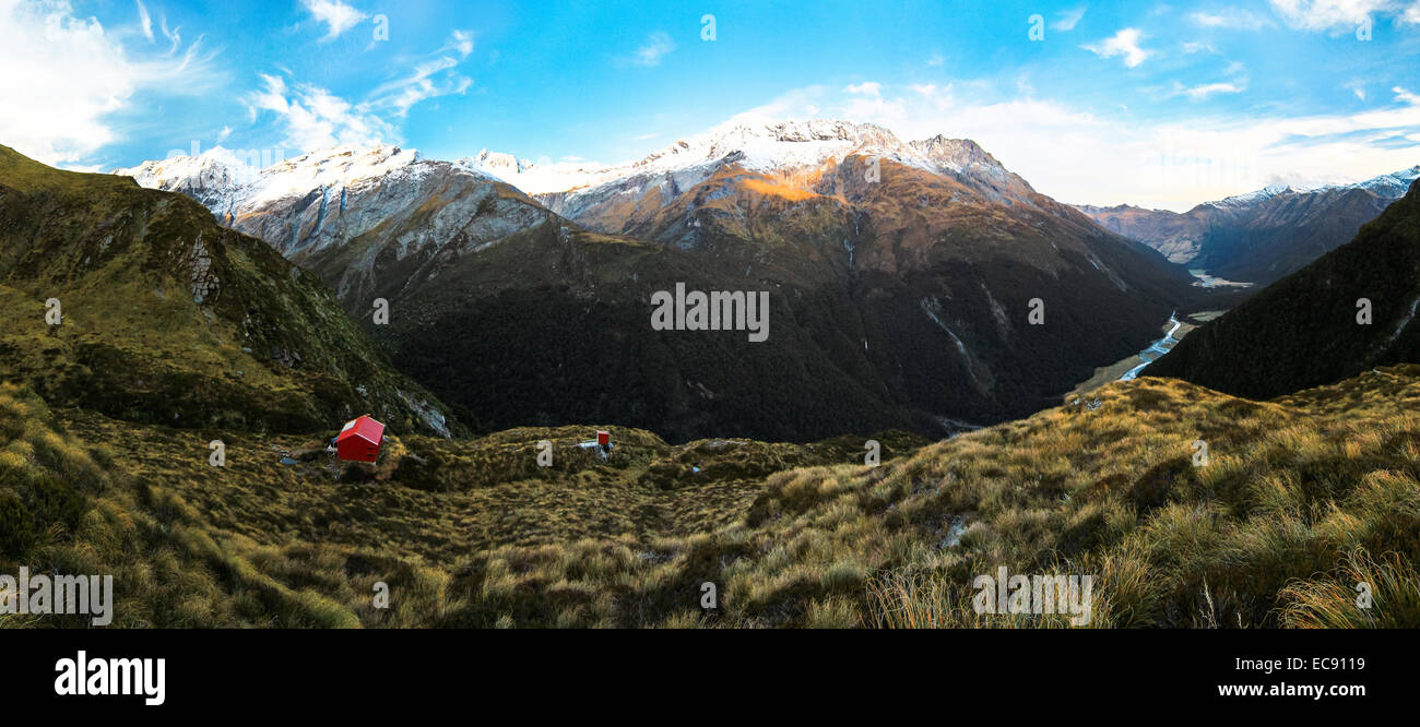 Matukituki Valley and Liverpool Hut Panorama, New Zealand Stock Photo