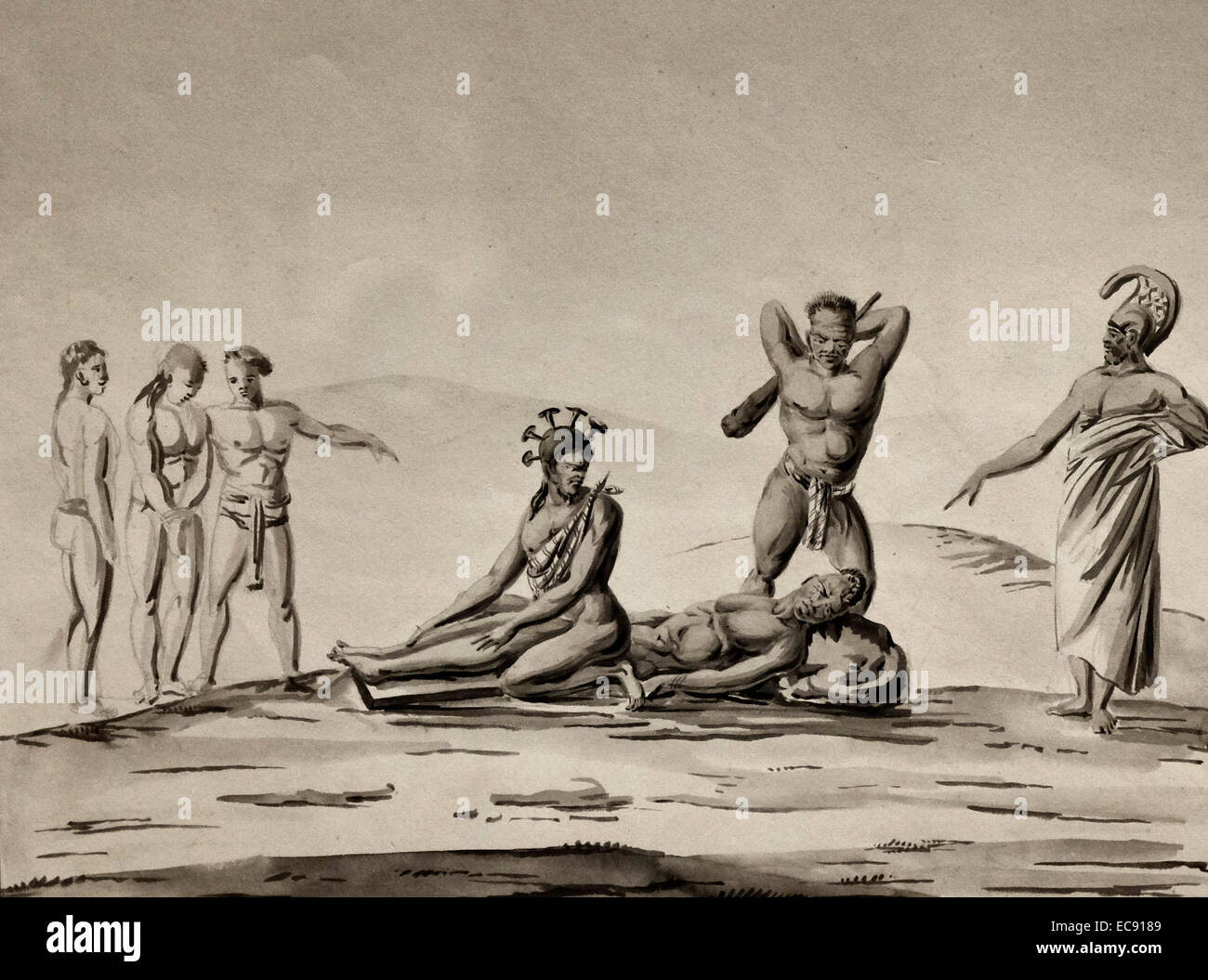 The Death penalty of public execution by clubbing. Hawaii, 1819 Jacques Etienne Victor Arago