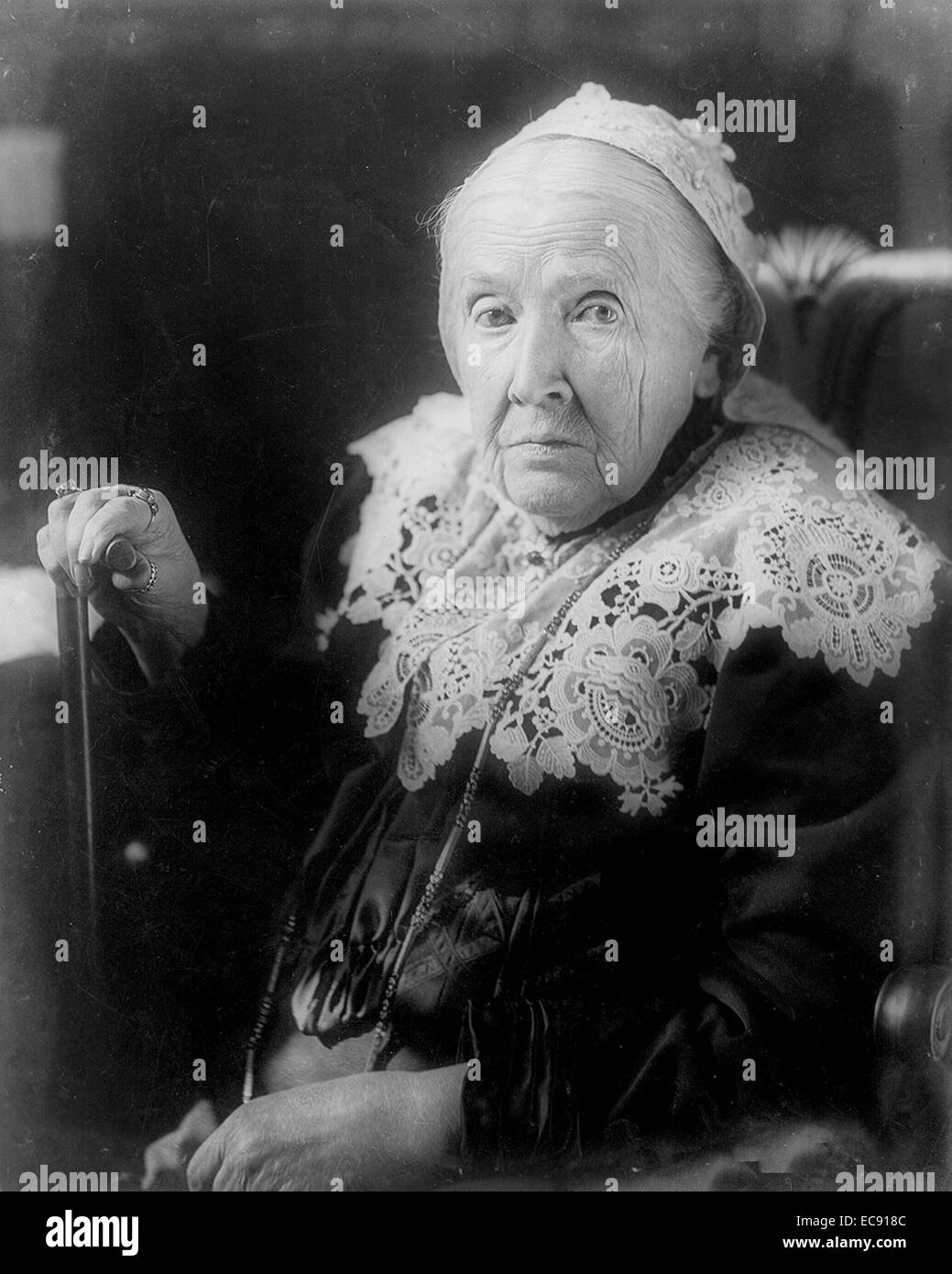 Julia Ward Howe, half-length portrait, seated, facing left   was a prominent American abolitionist, social activist, poet, and the author of 'The Battle Hymn of the Republic'. Stock Photo