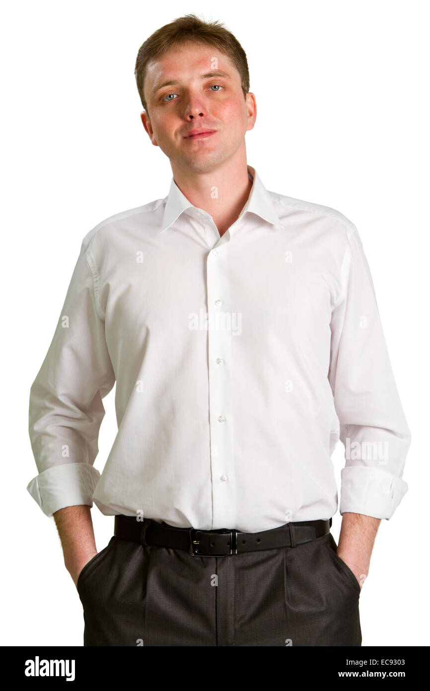 Friendly and smiling businessman looking at camera with reliability ...