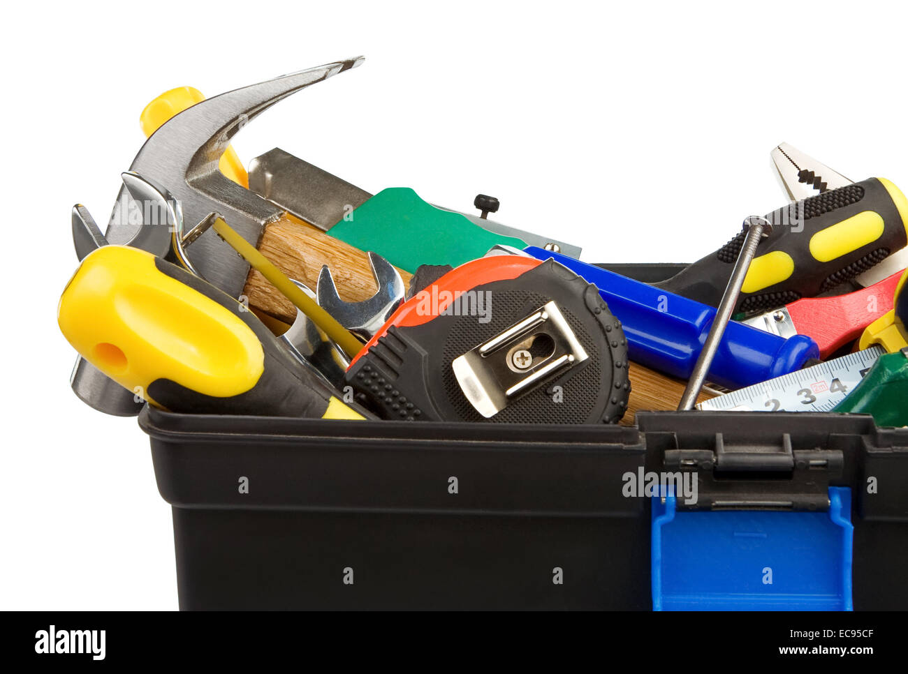 set of tools and instruments in black plastic box isolated on white ...