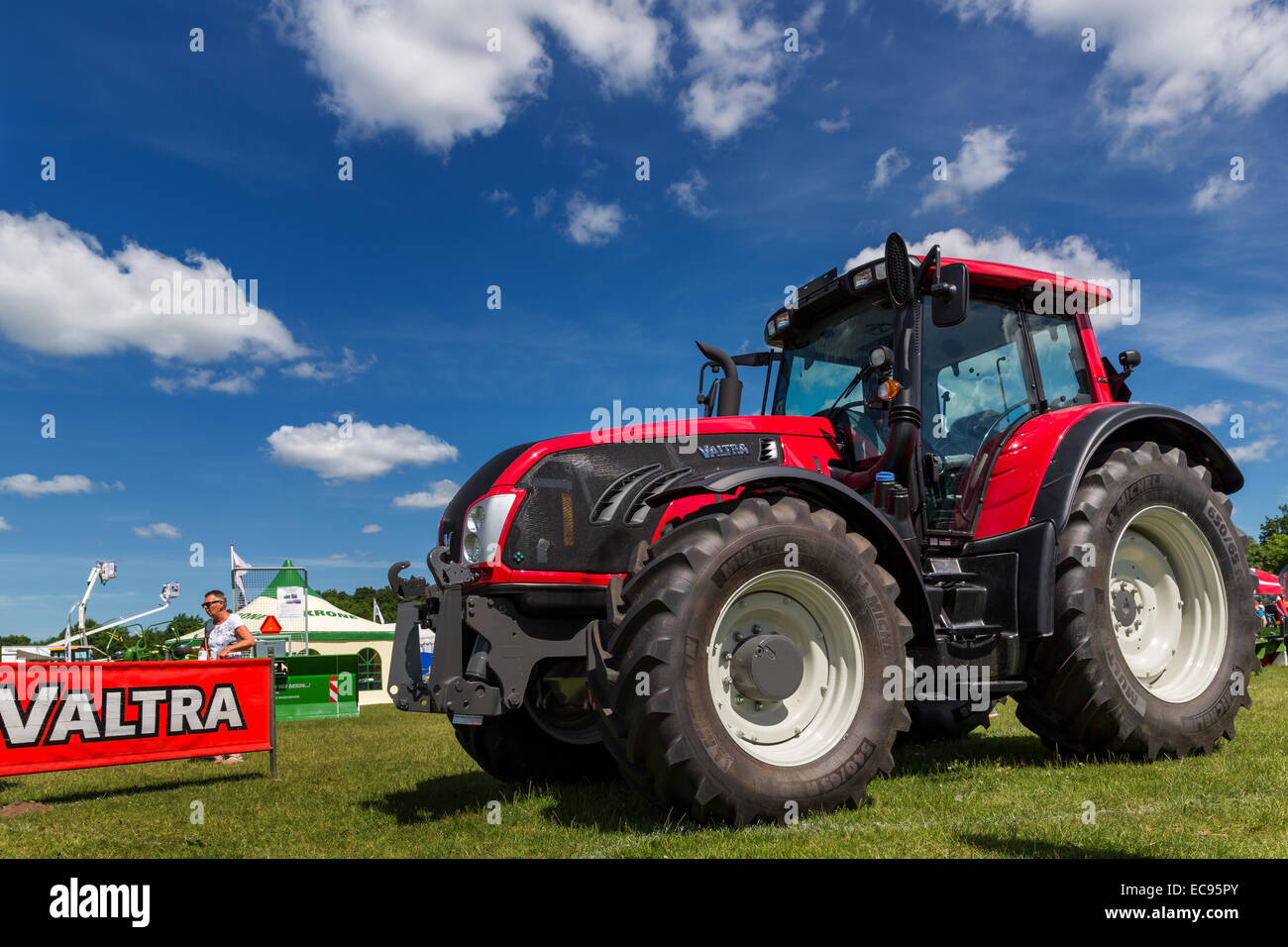 Display of agricultural equipment, Agricultural show, Valtra tractor, Funen Agricultural show, Odense, Denmark Stock Photo