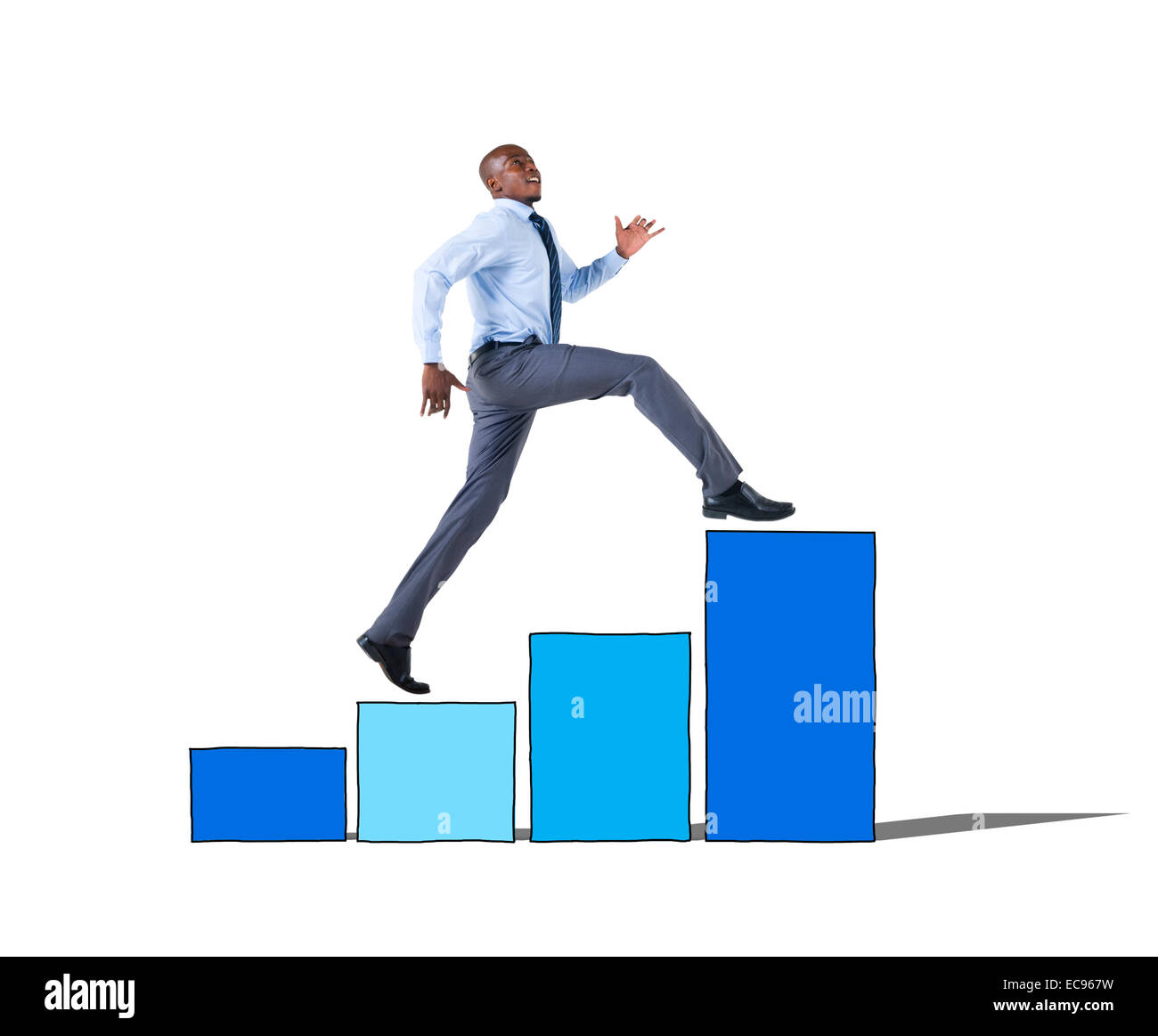 Businessman on a Bar Graph Moving Up Stock Photo