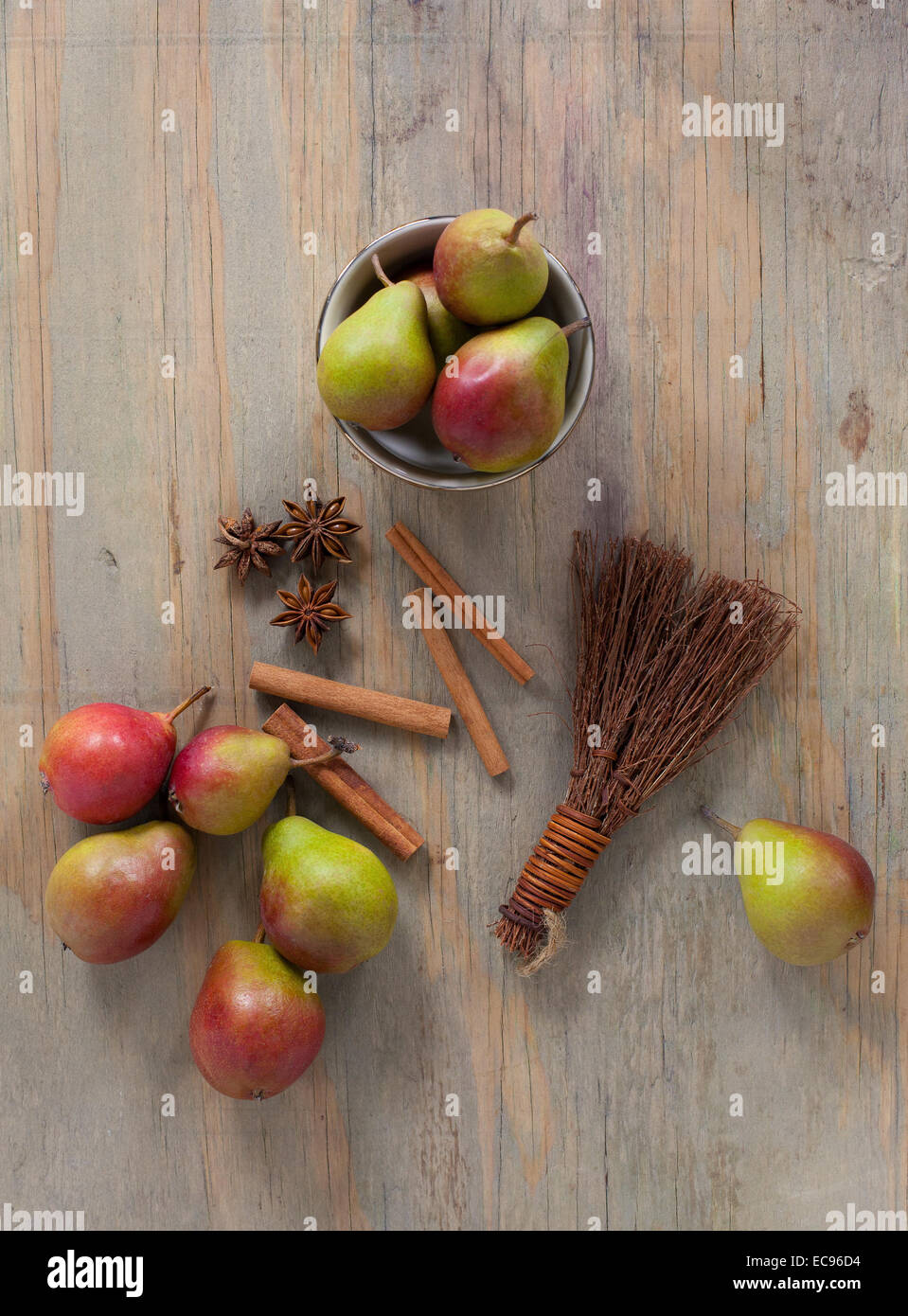 Overhead shot of pears with cinnamon and anise Stock Photo