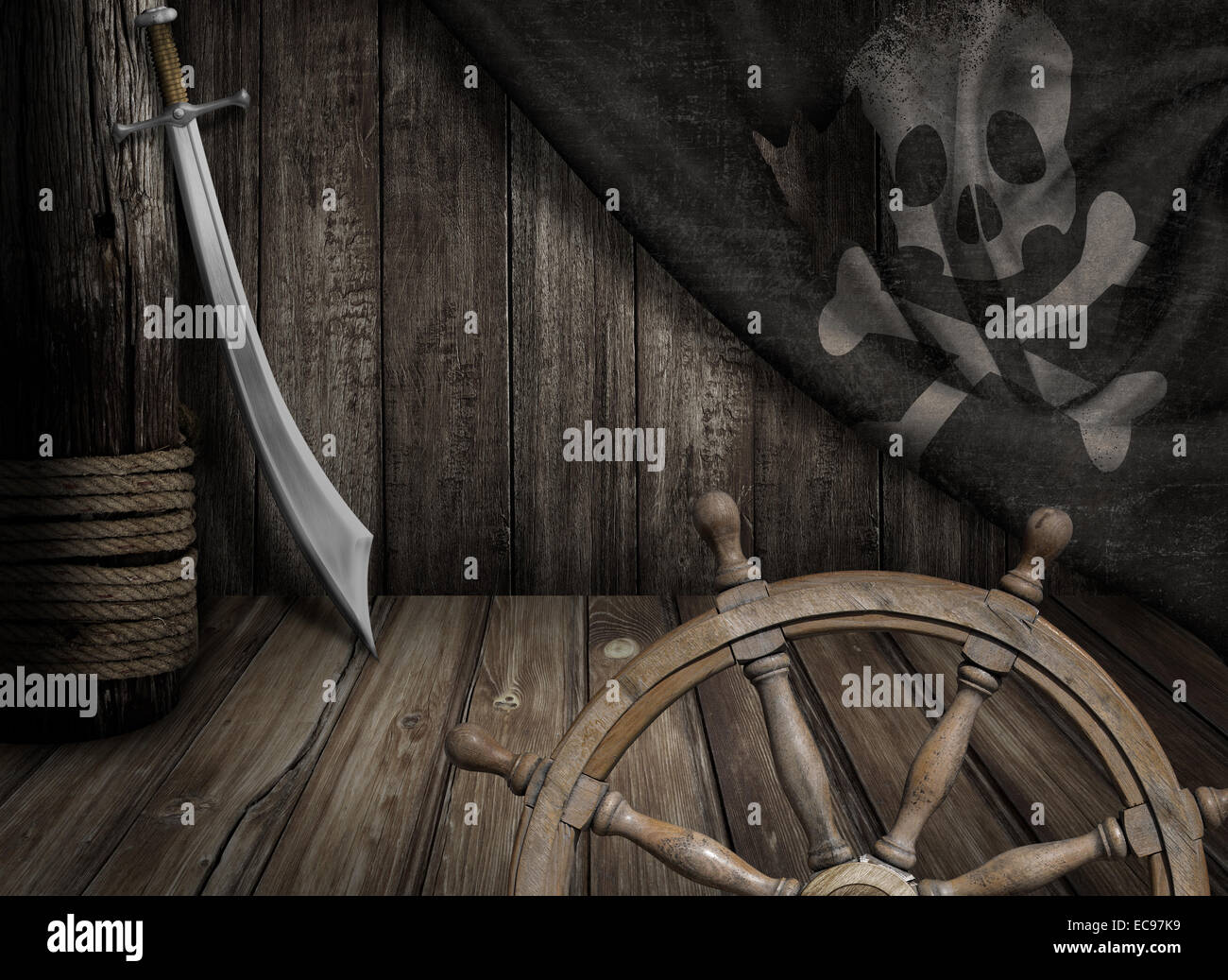 Pirates ship steering wheel with old jolly roger flag and saber Stock Photo
