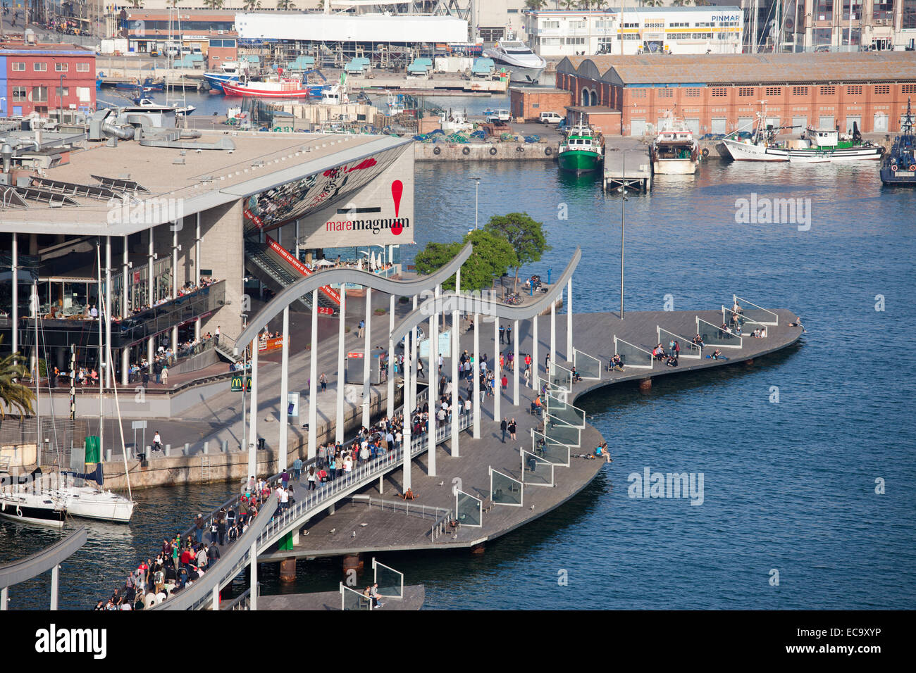 Maremagnum shopping mall and Rambla de Mar walkway in Port Vell, Barcelona, Catalonia, Spain. Stock Photo