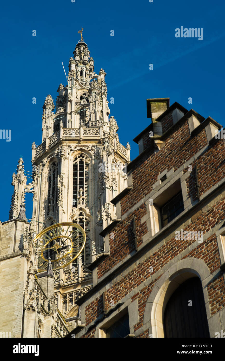 Cathedral of Our Lady in Antwerp taken at dawn from Grote Markt Stock Photo