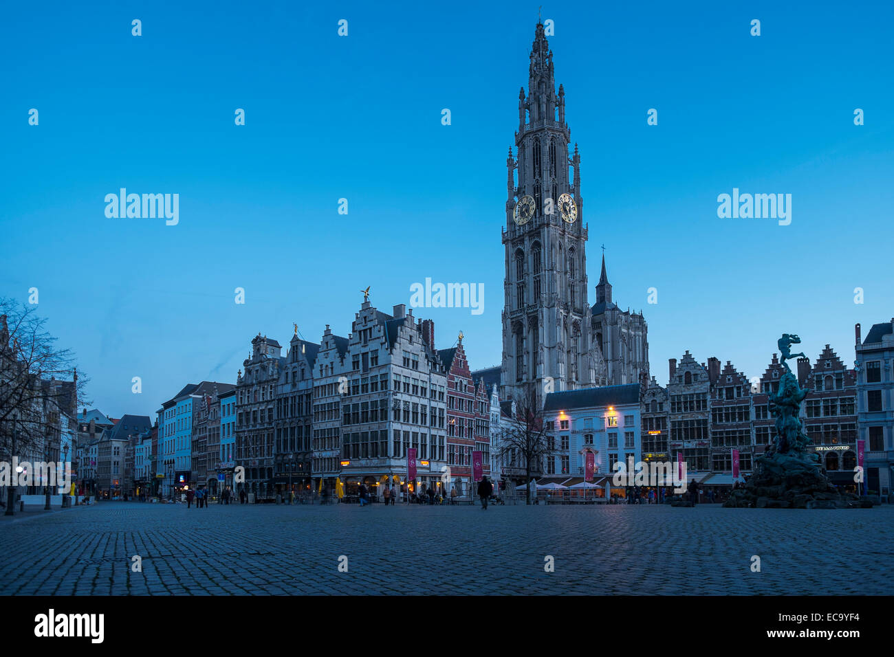 Blue Hour view of the Cathedral of Our Lady in Antwerp Stock Photo